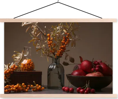 Produktbild von MuchoWow® Textilposter Obst - Vase - Stilleben 60x40 cm mit holzfarbenen Rahmen - Bilder