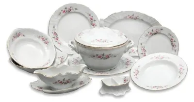 Produktbild von Tafelgeschirr, Karlsbader Porzellan, Thun, Bernadotte, Rose, Goldlinie, 25 Teile