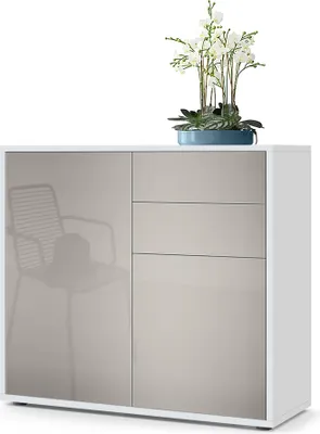Produktbild von Vladon Sideboard Ben,  Germany, Kommode mit 2 Türen und 2 Schubladen, Weiß matt/Sandgrau Hochglanz (79 x 74 x 36 cm)