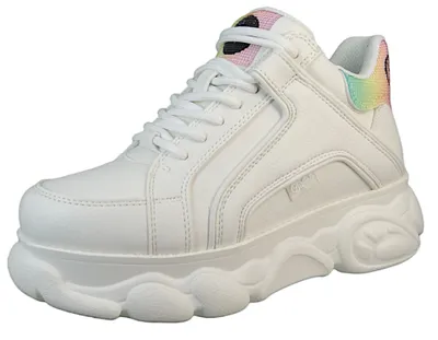 A single white Buffalo sneaker with a rainbow-colored heel accent, shown from a three-quarter side view against a white background.