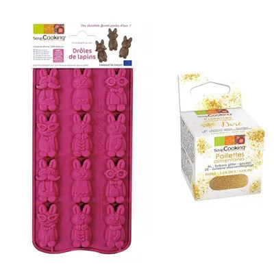 Produktbild von Schokoladenform Hasen + Goldene lebensmittelglitzer