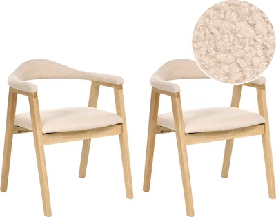 Produktbild von BELIANI Esszimmerstuhl 2er Set Hellbraun u. Hellbeige Bouclé Stoffbezug mit Holzgestell Armlehnen Modernes Design Boho Küchenstühle