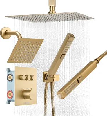 Immagine prodotto di Kit completo per sistema doccia VEVOR, che include: soffione a pioggia da 30 cm / doccetta da parete da 15 cm / (3 funzioni), finitura dorata