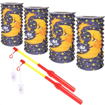 Zdjęcie produktu dla Zestaw 6 lampionów com-four® – papierowe lampiony i drążki z oświetleniem LED na święto św. Marcina, pochód z lampionami i Halloween – lampiony św. Marcina dla dzieci [asortyment może się różnić]