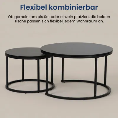 Produktbild von Couchtisch 2er Set aus Holz Wohnzimmertisch Modern Beistelltisch Set 2 in 1 mit Metallgestell für Wohnzimmer, rund, schwarz
