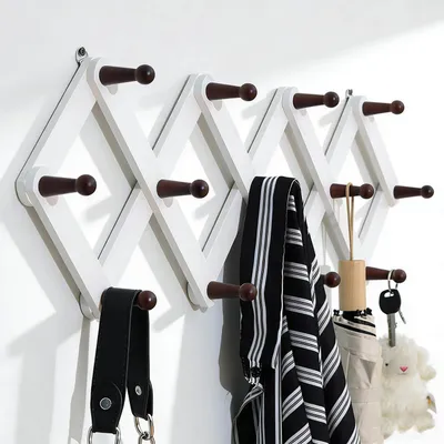 Image de Barre de penderie extensible en bois, avec 13 crochets, étagère murale, noir et blanc