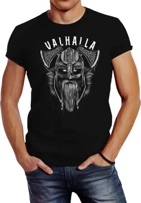 Produktbild von Neverless® Herren T-Shirt Aufdruck Valhalla Wikinger Helm Viking Odin Krieger Printshirt Fashion Streetstyle schwarz 4XL