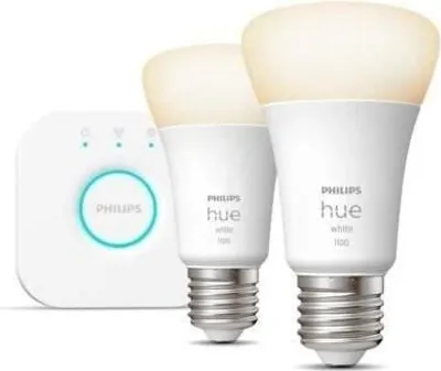 Image de Ampoules Connectées Philips Hue White, Kit de Démarrage, 9.5W, E27, Pack de 2 + Hue Bridge
