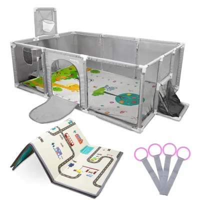 Produktbild von Laufstall Kinderspielplatz Mobiclinic Teppich 90 x41 cm Ringe Basketballkorb und Fußballnetz Transporttasche Grau Kidland