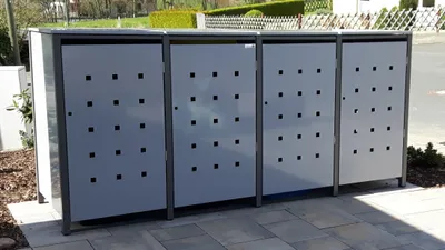 Produktbild von Mülltonnenverkleidung aus feuerverzinktem Stahlblech, BxTxH 2600x830x1160 mm m. Klappdach, für 4 Tonnen, Stanzung 3/5, Farbe DB703/RAL9006
