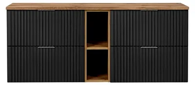 Produktbild von Badezimmermöbel Waschtisch-Unterschrank 140 cm matt schwarz mit Eiche Nb., gerillte Front, Badschrank mit 4 Softclose-Auszügen, B/H/T ca. 140,6/59,2/46,5 cm