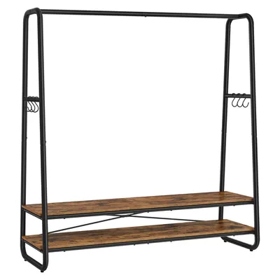 Produktbild von Kleiderständer, Garderobenständer, Garderobe, 2 Ablagen, 6 Haken in S-Form, Stahlgestell, vintagebraun-schwarz
