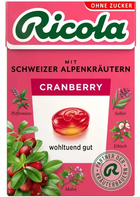 Immagine prodotto di Ricola Mirtilli rossi senza zucchero con erbe alpine svizzere Böxli 50g