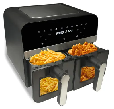 Image de Comfy Nest CN-AFD45WB : Friteuse à air numérique noire, double panier, avec fenêtre - 9 litres, 2400W