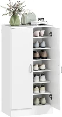 Obrázek produktu pro Botník - Do předsíně - 2 dveře - 6 nastavitelných polic - Na 14 párů bot - 55x35x108 cm - Bílá - Dřevo