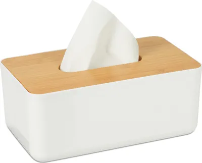 Produktbild von 10 x Tücherbox mit Deckel aus Bambus, fürs Bad, modernes Design, Kunststoff, Taschentuchbox, HBT 10x23x13 cm, weiß/natur