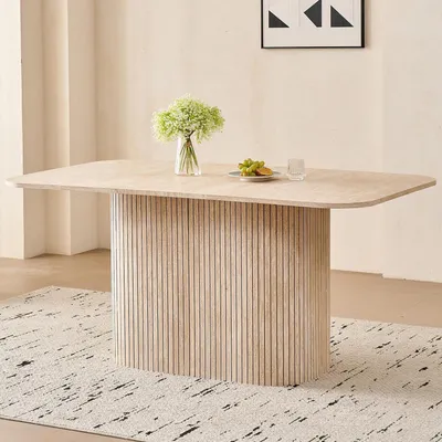Produktbild von Esstisch rechteckig 160x90 cm MDF Gelber Travertin Lattenrost-Design