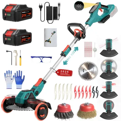 Produktbild von Akku Rasentrimmer 21V mit 2x 4.0Ah Akku & Ladegerät, Bürstenloser Freischneider, Motorsense, Rasenkantenschneider mit Unkrautbürste & Rädern