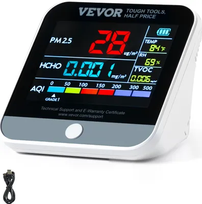 Produktbild von VEVOR mini monitor jakości powietrza 8-IN-1, profesjonalny licznik cząstek PM2.5 PM10 PM1.0, formaldehyd, temperatura, wilgotność, TVOC tester AQI do wnętrz / na zewnątrz, monitor jakości powietrza z wyłącznikiem alarmowym, monitor jakości powietrza do wnętrz / na zewnątrz