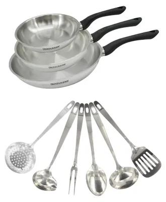 Produktbild von Set aus 3 Edelstahl-Bratpfannen (20, 24 und 28 cm) und 6 Edelstahl-Küchenhelfern von Fackelmann Geneva