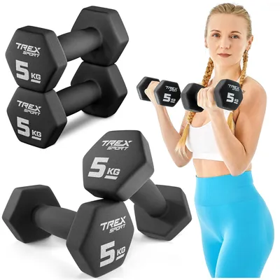 A woman is holding dumbbells, with other dumbbells shown in the foreground and background.