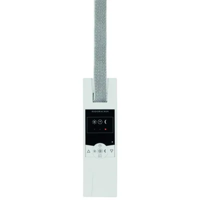 A white remote control with a gray fabric strap, against a white background.