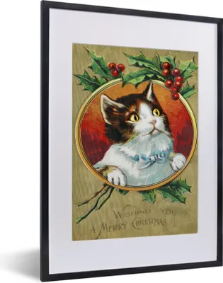 Produktbild von MuchoWow® Gerahmtes Poster Weihnachten - Kunst - Katze 30x40 cm - Poster mit Schwarzem Bilderrahmen Wandposter Rahmen Foto Bilder - Wandposter Schlafzimmer