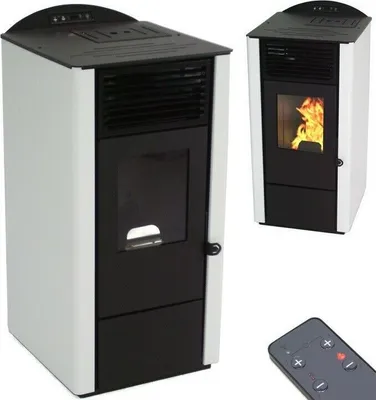 Two pellet stoves are shown, one in the foreground and one in the background, with a remote control in the bottom right corner.