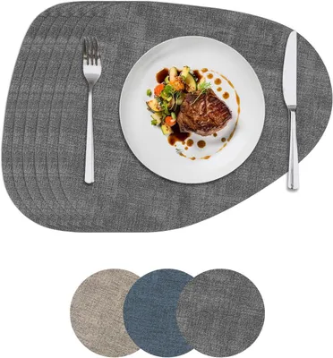 Produktbild von Abwaschbare Platzsets im 6er Set, Rund, Doppelseitig, Hitzebeständig, Leder Tischsets für die Küche 42x34cm (Dunkelgrau)