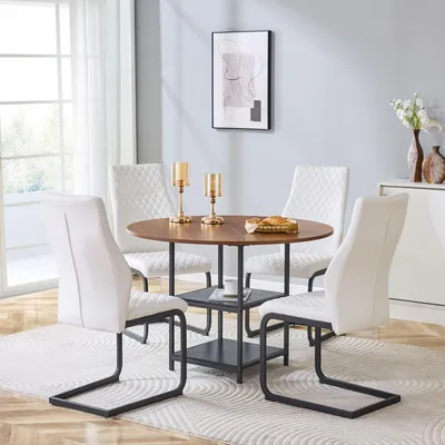 Produktbild von Tisch-Stuhl-Set, 107 cm runder Esstisch mit doppelter Ablage + 4 weiße Esszimmerstühle, Walnuss-Optik