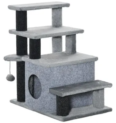 Produktbild von Kratzbaum Haustiertreppe 3/4-stufige Katzentreppe mit Schlafhöhle & Spielball 60*40*66cm Plüschbezug stabile Spanplatte für Katzen
