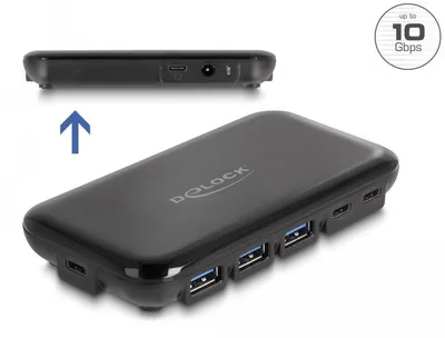 Produktbild von DeLOCK 7 Port USB 3.2 Gen 2 Hub mit 4 USB Typ-A und 3 USB Type-C Ports, USB 3.2 Gen 2 (3.1 Gen 2) Type-C, USB 3.2 Gen 2 (3.1 Gen 2) Type-A, USB 3.2 Gen 2 (3.1 Gen 2) Type-C, 10000 Mbit/s, Schwarz, Kunststoff, Rundkabel