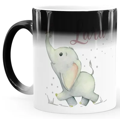 Produktbild von Zaubertasse Farbwechsel Elefant personalisiert Kinder Miotiv personalisierte Namenstasse für Kinder Jungen Mädchen SpecialMe® schwarz Magic-Tasse