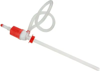 A manual siphon pump with a red handle and clear tubing, isolated on a white background.