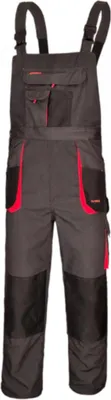 A full-body studio shot of a pair of work overalls.
