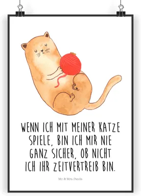 Produktbild von Mr. & Mrs. Panda Bild Katze Wolle DIN A4 - Weiß - Geschenk, Haha, wanddeko, Lustig, Spielen, Katzen, Wandbild, Wanddekoration, Plakat, drucke, Cat