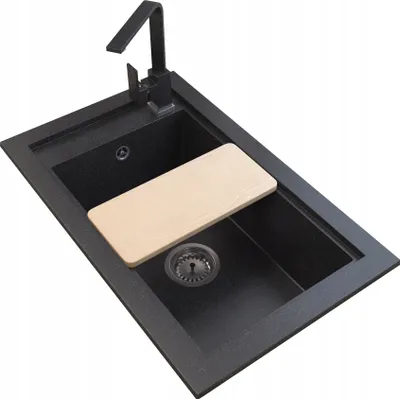 Produktbild von Granitan - Granitspüle - Küchenspüle - 69x43 cm - Schwarz - mit Siphon und Schneidebrett - Spülbecken