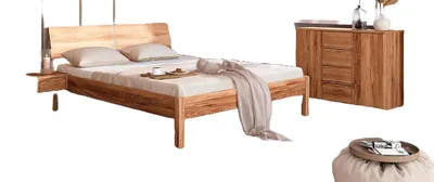 Produktbild von Bett Bento 9 aus Kernbuche massiv 140x200 cm mit Holzkopfteil und Holzbeinen
