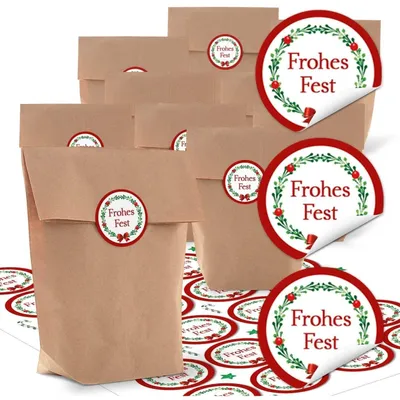 Produktbild von 24 kleine natürliche braune Papier-Tüten natur Kraftpapier 14 x 22 x 5,6 cm + 1 bis 24 Zahlen weihnachtliche Aufkleber STERNE beige schwarz weiß basteln befüllen Adventskalender  Beutel SET"Frohes Fest" rot, weiß