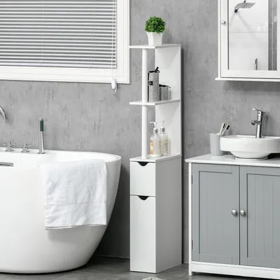 Produktbild von Badezimmer-Hochschrank mit 2 offenen Regalen und 2 Schrankfächern, 15,2 x 29,8 x 118 cm, Weiß