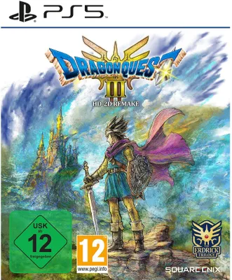 The image is the cover art for the video game Dragon Quest III HD-2D Remake for PS5. It features a character holding a sword and shield, with a castle in the background.