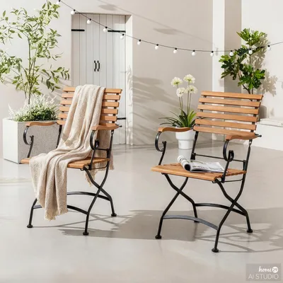 Produktbild von home24 Gartenstuhl - 2er-Set - Akazie Massiv / Stahl - Akazie / Schwarz