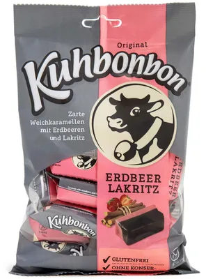 Obrázek produktu pro Kuhbonbon jahodová lékořice jednotlivě balené měkké karamely 200g