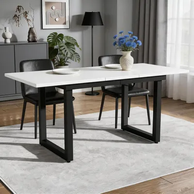 Produktbild von Ausziehbarer Esstisch 140/180x80x75cm Metallrahmen MDF-Eicheoptik Schwarz Rechteckig