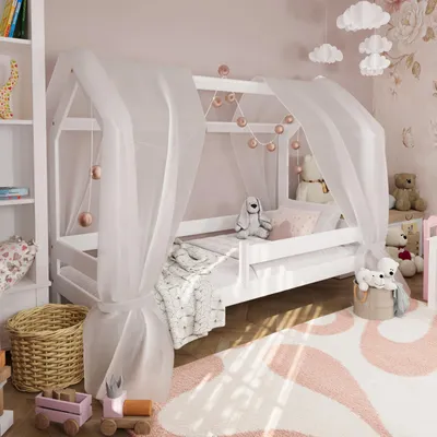 Produktbild von Kinderbett Tom Hausbett mit Rausfallschutz und Lattenrost | 180x80 cm | Deckweiß | 100% Massivkiefernholz | für Jungen und Mädchen | stabil, universell