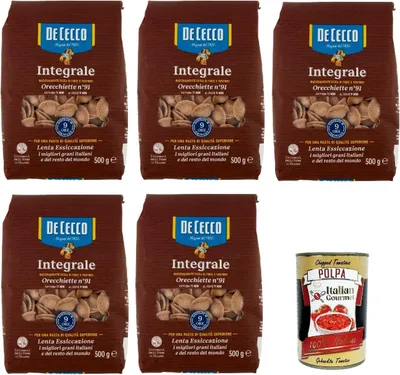 Produktbild von De Cecco Integrale Orecchiette N° 91, Pasta integrale, Vollkornnudeln, 5x 500g + Italian Gourmet polpa 400g