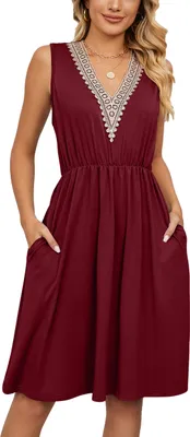 Produktbild von ASKSA Damen Kleider Sommer Ärmelloses V-Ausschnitt Kleid mit Taschen Taillenkleid Freizeitkleid, Rot, L