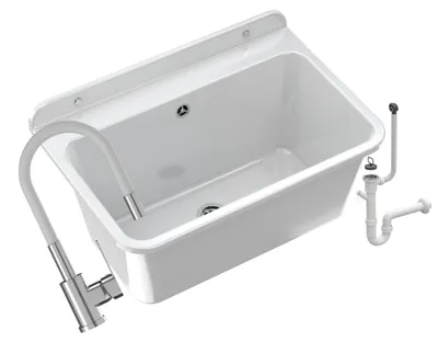 Zdjęcie produktu dla Granitan - Zlew gospodarczy - Zlew 61x41 cm - Zlew biały - z baterią GRADO i syfonem - LARGE