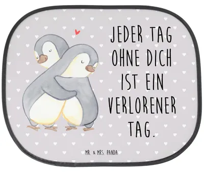 Produktbild von Mr. & Mrs. Panda Sonnenschutz für Auto Pinguine Kuscheln - Grau Pastell - Geschenk, autofenster, Freundin, Mitbringsel, Sonnenblende, Fürs, Valentinstag, Hochzeitstag