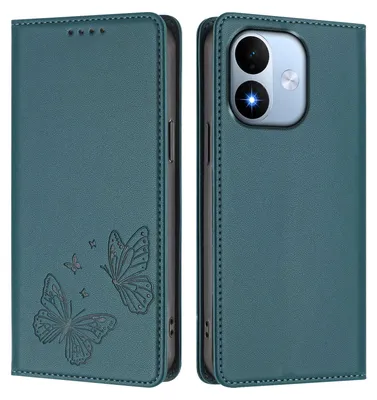 Image de Étui en cuir pour Xiaomi Redmi Note 17 4G, avec motif papillon, type portefeuille rabattable avec support. Couleur : vert